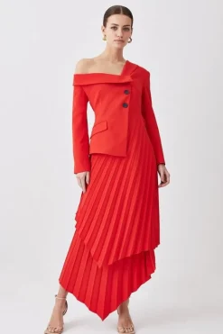 Karen Millen Petite Tailo Crepe Asymmetric Pleated Midi Dress red Hot