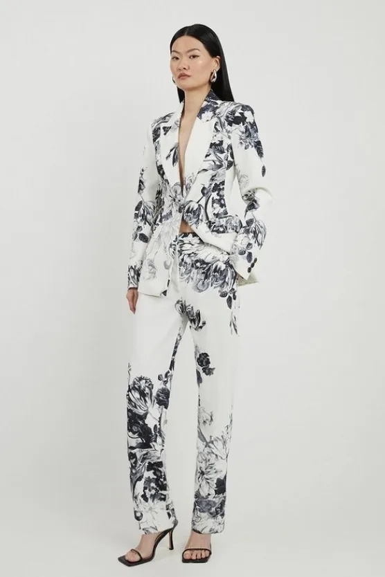 Karen Millen Petite Tailored Crepe Floral Slim Leg Dress Pants mono New