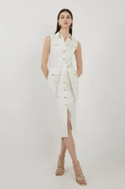 Karen Millen Petite Tailored Denim Cargo Pocket Belted Midi Shirt Dress ivory Sale