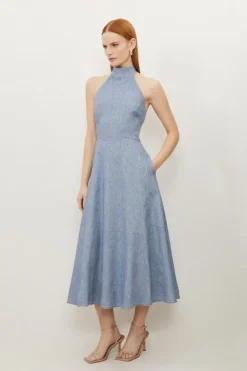 Karen Millen Petite Tailored Denim Linen Strappy Full Skirted Midi Dress blue Outlet