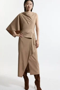 Karen Millen Petite Tailored Draped Asymmetric Maxi Dress camel Discount