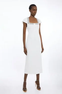 Karen Millen Petite Tailored Embellished Square Neck Midi Dress ivory Sale