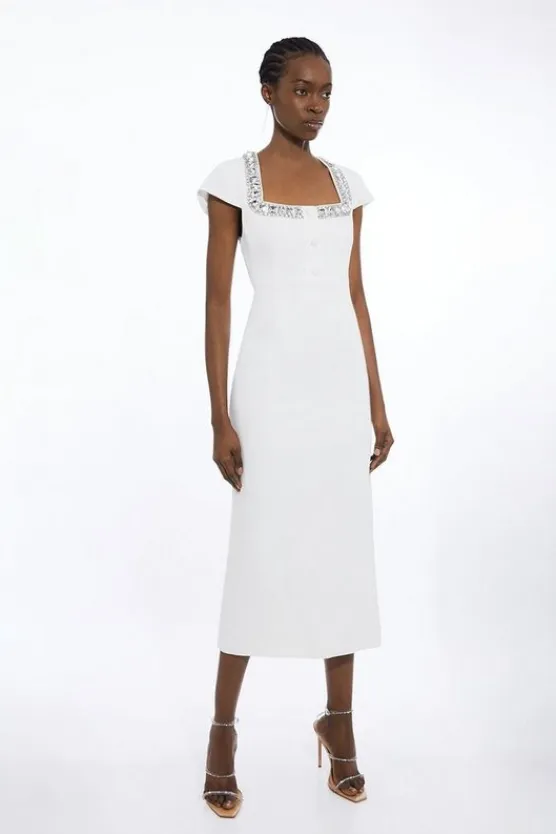 Karen Millen Petite Tailored Embellished Square Neck Midi Dress ivory Sale