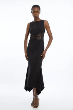 Karen Millen Petite Tailored Lace Waist Detail Midi Dress black Outlet