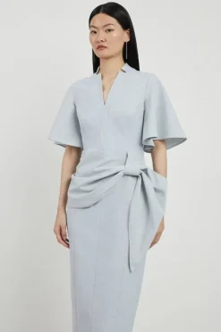 Karen Millen Petite Tailored Metallic Angel Sleeved Midi Pencil Dress paleblue Fashion