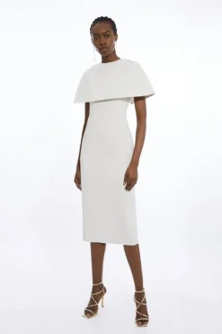 Karen Millen Petite Tailored Metallic Cape Detailed Maxi Pencil Dress ivory Fashion