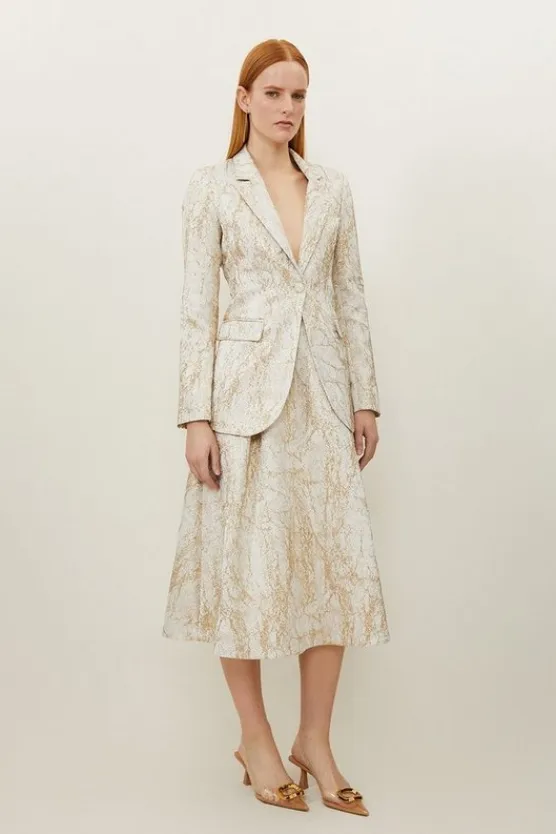 Karen Millen Petite Tailored Metallic Jacquard Full Midi Skirt ivory New