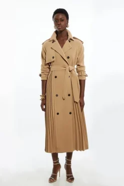 Karen Millen Petite Tailored Pleat Detail Belted Trench Coat camel Outlet