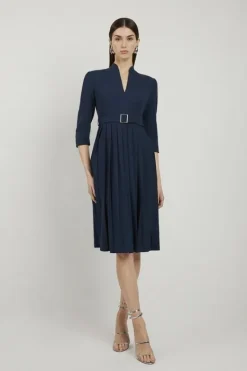 Karen Millen Petite Tailored Structured Crepe Pleated Midi Dress navy Fashion