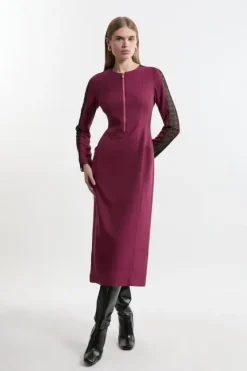 Karen Millen Petite Tailored Twill Lace Mix Zip Front Midi Dress plum Online