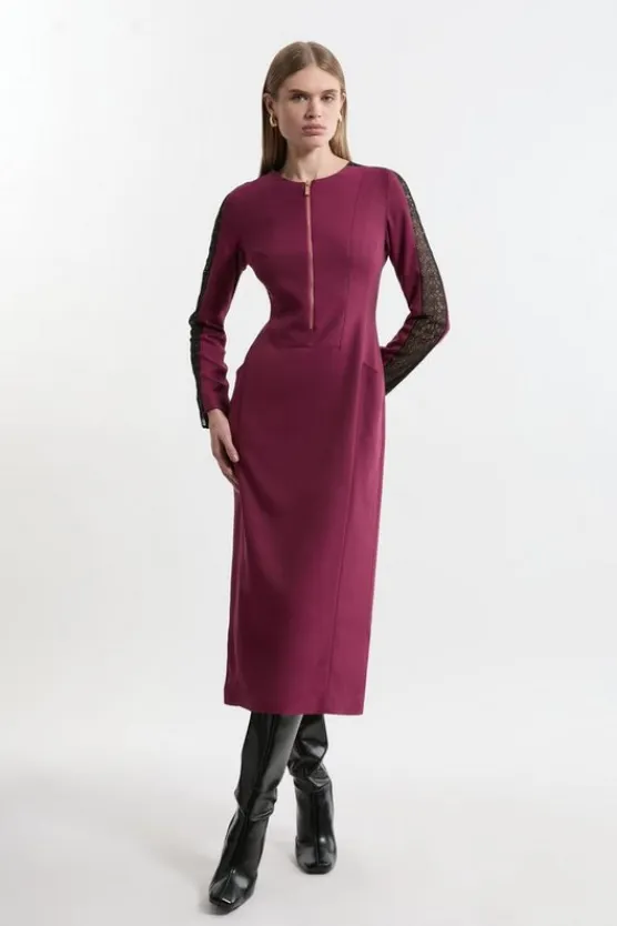 Karen Millen Petite Tailored Twill Lace Mix Zip Front Midi Dress plum Online