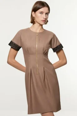 Karen Millen Petite Tailored Twill Lace Mix Zip Front Mini Dress taupe Fashion