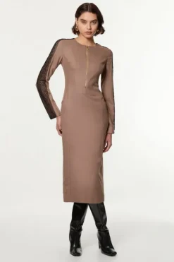 Karen Millen Petite Tailored Twill Lace Mix Zip Front Midi Dress taupe Fashion