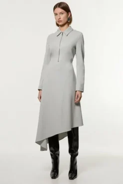 Karen Millen Petite Technical Crepe Tailored Metal Zip Detail High Low Midi Dress greymarl Outlet