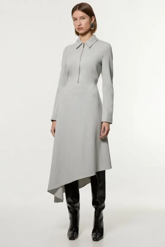 Karen Millen Petite Technical Crepe Tailored Metal Zip Detail High Low Midi Dress greymarl Outlet