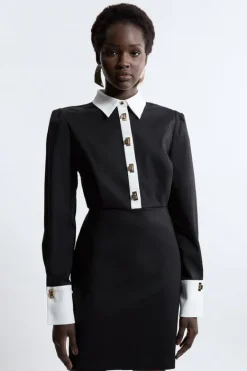 Karen Millen Petite Techno Cotton Woven Mini Shirt Dress With Gold Clasps mono Outlet
