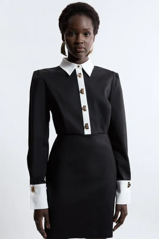 Karen Millen Petite Techno Cotton Woven Mini Shirt Dress With Gold Clasps mono Outlet