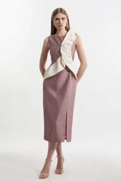 Karen Millen Petite Textured Tailored Contrast Taffeta Ruffle Maxi Dress blush Clearance
