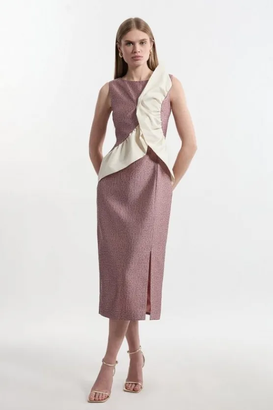 Karen Millen Petite Textured Tailored Contrast Taffeta Ruffle Maxi Dress blush Clearance