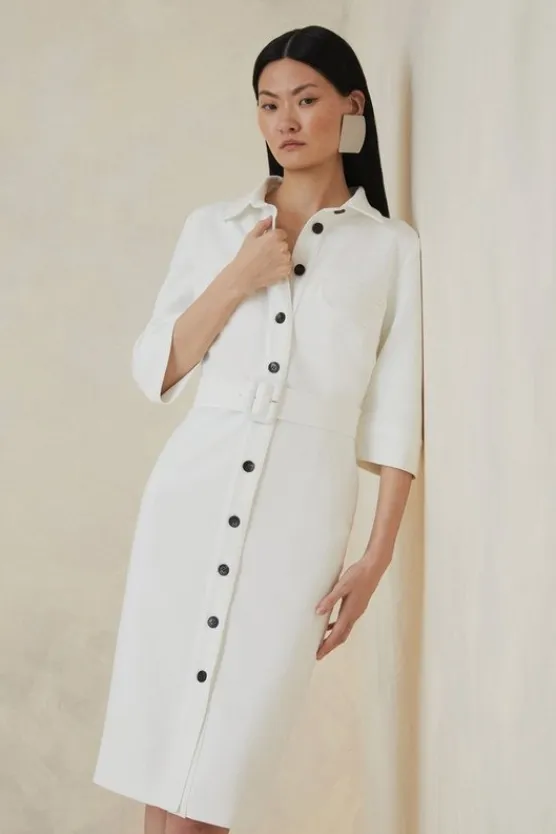 Karen Millen Petite The Founder Compact Stretch Belted Midi Dress ivory Hot