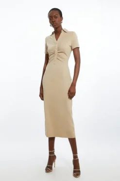 Karen Millen Petite The Founder Soft Touch Jersey Ruched Detail Midi Dress stone Clearance