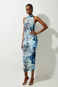 Karen Millen Petite Tie Dye Cutwork Twill Woven Halter Midi blue Hot