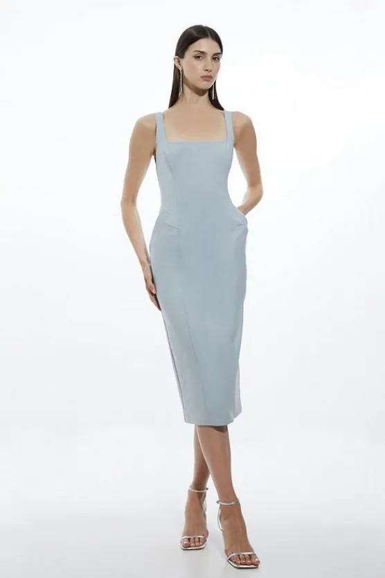 Karen Millen Petite Topstitch Detail Techno Cotton Woven Midi Dress charcoal Outlet