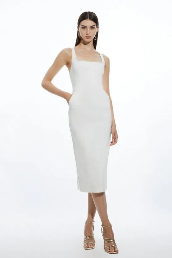 Karen Millen Petite Topstitch Detail Techno Cotton Woven Midi Dress white Hot