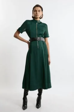 Karen Millen Petite Top Stitch Satin Georgette Woven Shirt Maxi Dress forest Hot