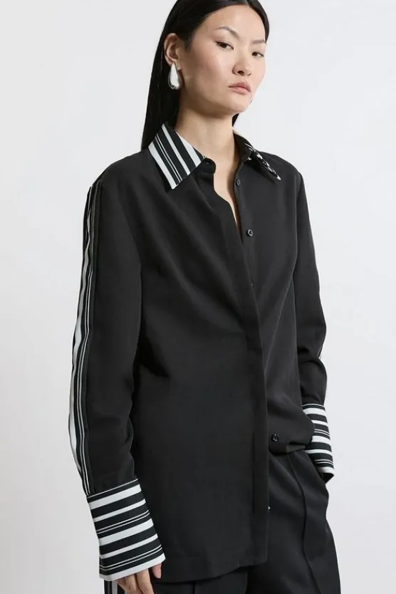 Karen Millen Petite Twill Stripe Detail Shirt black New