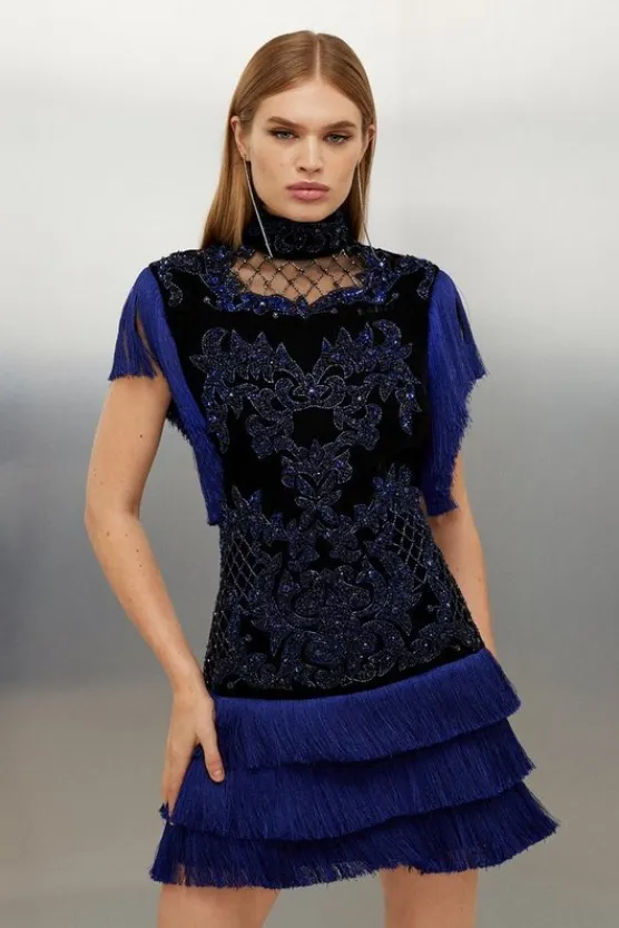 Karen Millen Petite Velvet Baroque Fringe Woven Mini Dress blue Discount