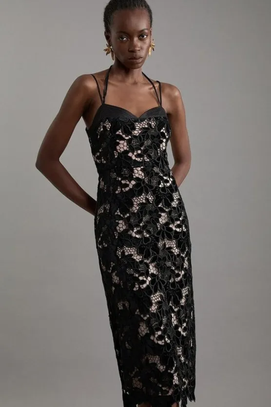 Karen Millen Petite Velvet Cutwork Lace Detail Strappy Midi Dress black Best
