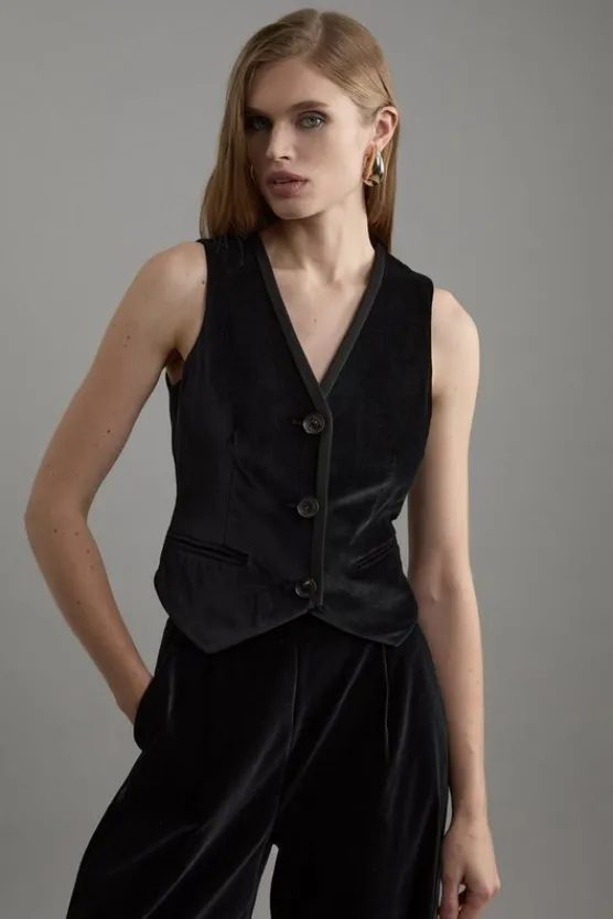 Karen Millen Petite Velvet Groisgrain Tailored Waist Coat black Clearance