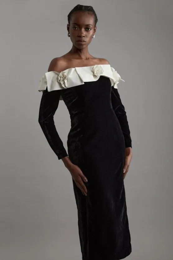 Karen Millen Petite Velvet Off The Shoulder Bodycon Woven Midi Dress With Taffeta Rosette black Best