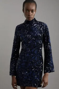 Karen Millen Petite Velvet Sequin Flare Woven Mini Dress navy New