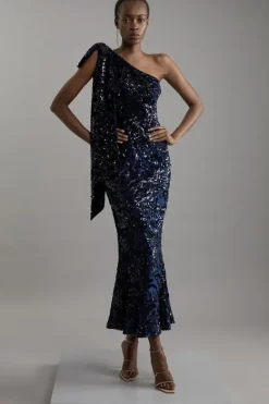 Karen Millen Petite Velvet Sequin One Shoulder Woven Maxi Dress navy Outlet