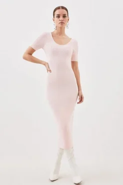 Karen Millen Petite Viscose Blend Compact Rib Knit Scoop Neck Dress softpink Hot