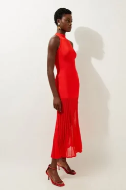 Karen Millen Petite Viscose Blend Knit Halter Neck Sheer Skirt Maxi Dress red Hot