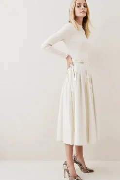 Karen Millen Petite Viscose Blend Knit Pu Pleated Skirt Maxi Dress cream Sale