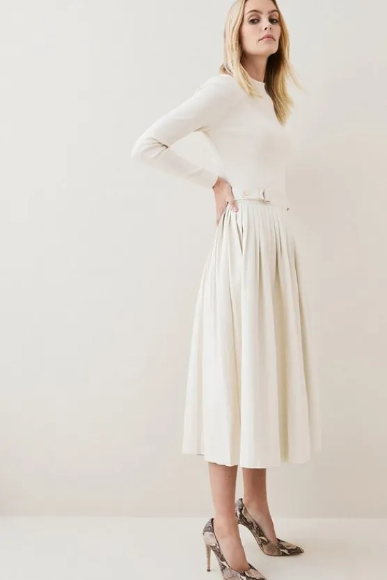 Karen Millen Petite Viscose Blend Knit Pu Pleated Skirt Maxi Dress cream Sale