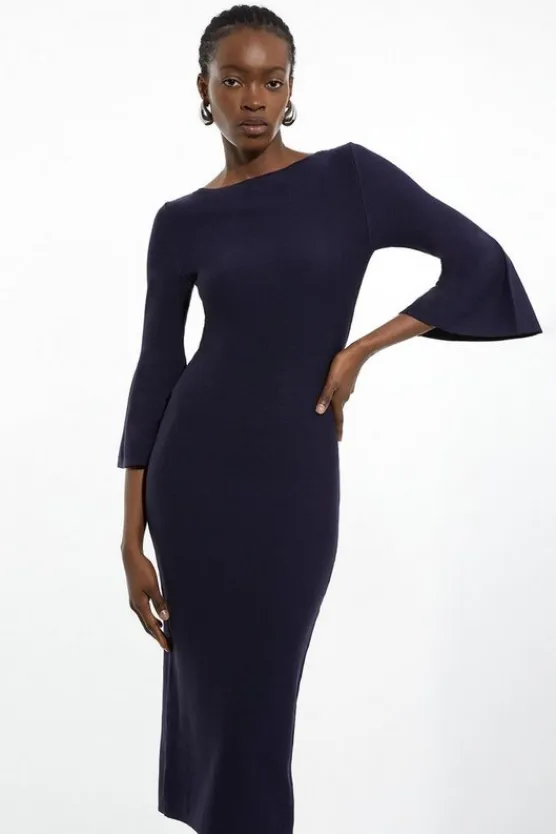 Karen Millen Petite Viscose Blend Look Knit Midi Dress With Fluted Sleeve navy Discount