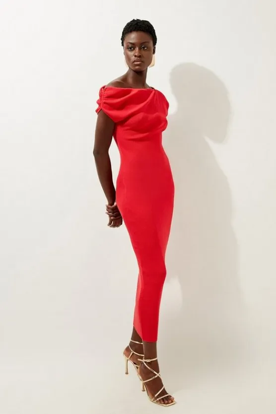 Karen Millen Petite Viscose Blend Rib Knit Off The Shoulder Midaxi Dress firered Outlet