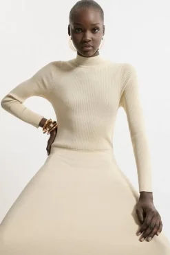 Karen Millen Petite Viscose Blend Rib Knit Belted Midi Dress ivory Fashion