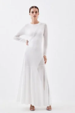 Karen Millen Petite Viscose Blend Sheer Knit Panelled Maxi Dress ivory Sale