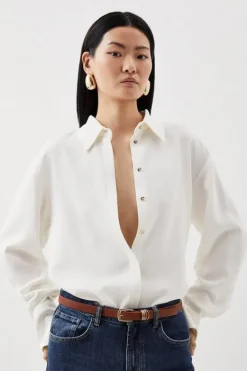 Karen Millen Petite Viscose Crepe Long Sleeve Collared Shirt ivory New