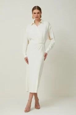 Karen Millen Petite Viscose Crepe Long Sleeve Woven Midi Shirt Dress cream Sale