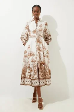 Karen Millen Petite Viscose Linen Scenic Placed Print Balloon Woven Shirt Dress neutral New