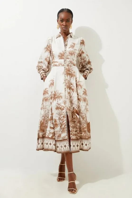 Karen Millen Petite Viscose Linen Scenic Placed Print Balloon Woven Shirt Dress neutral New