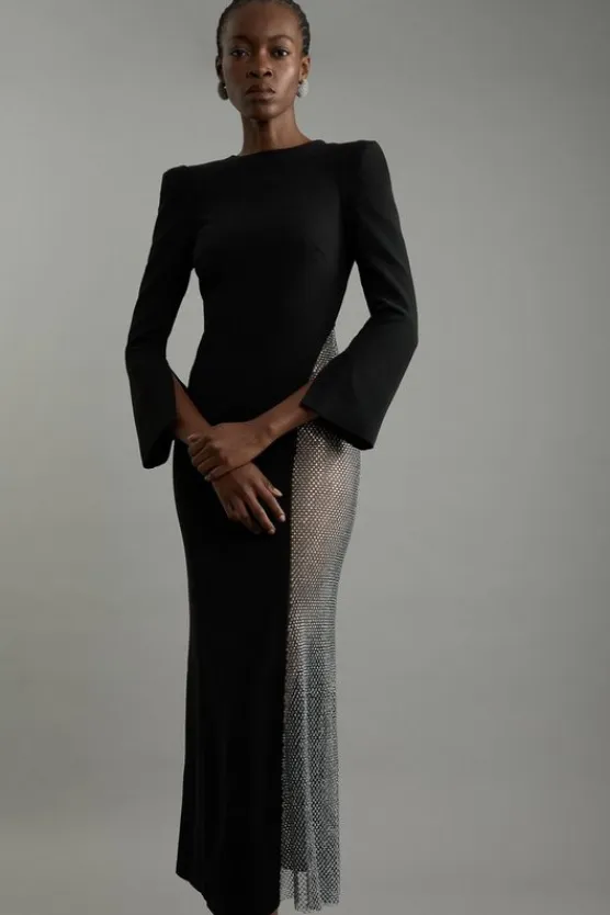 Karen Millen Petite Viscose Panelled Crystal Mesh Maxi Dress black Online
