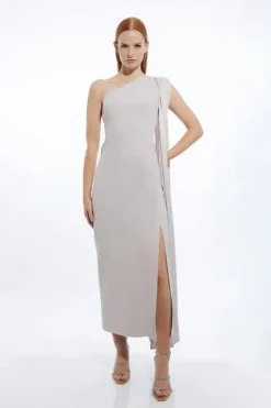 Karen Millen Petite Viscose Satin Back Crepe Tailored One Shoulder Cape Maxi Dress silver Online
